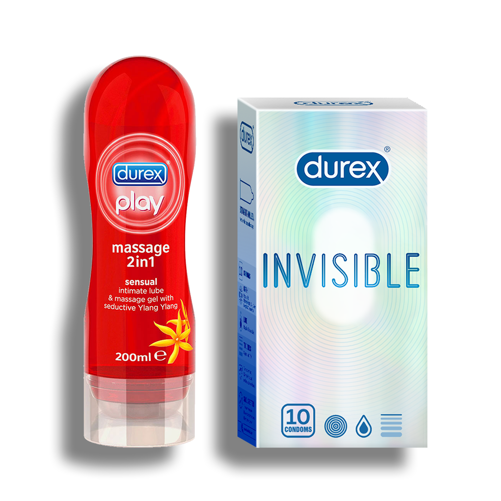 Durex Invisible Condom - 10 units with 2-in-1 Sensual Massage lube - 200ml