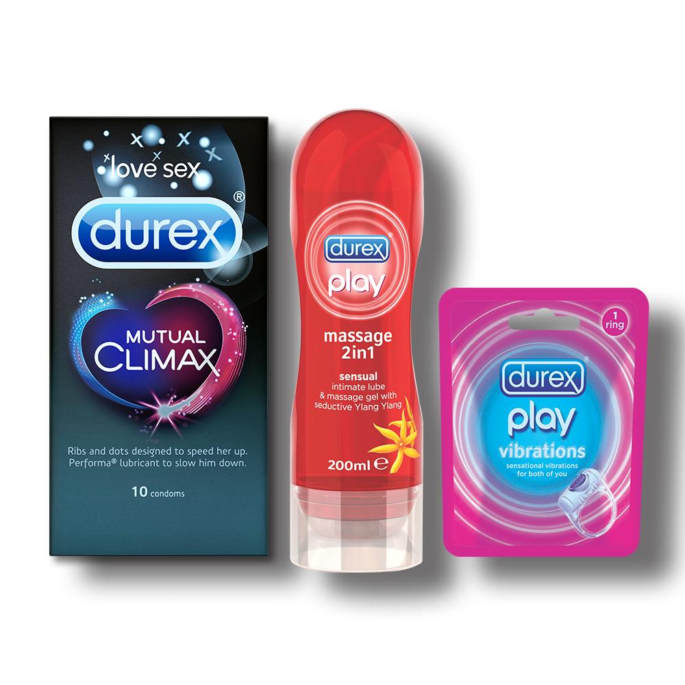 Durex Mutual Climax Condoms - 10s with Sensual Massage 2in1 Gel - 200 ml and Vibrating Ring