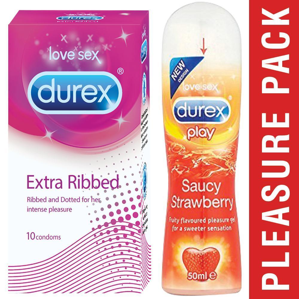 Pleasure Packs (Durex Strawberry 50ml, Extra Ribbed 10 Units)