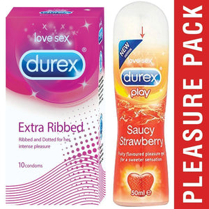 Pleasure Packs (Durex Strawberry 50ml, Extra Ribbed 10 Units)