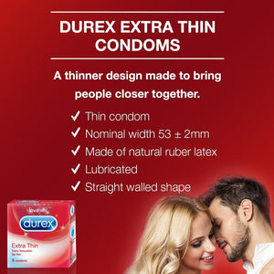 Durex Condoms, Extra Thin- 3 Units