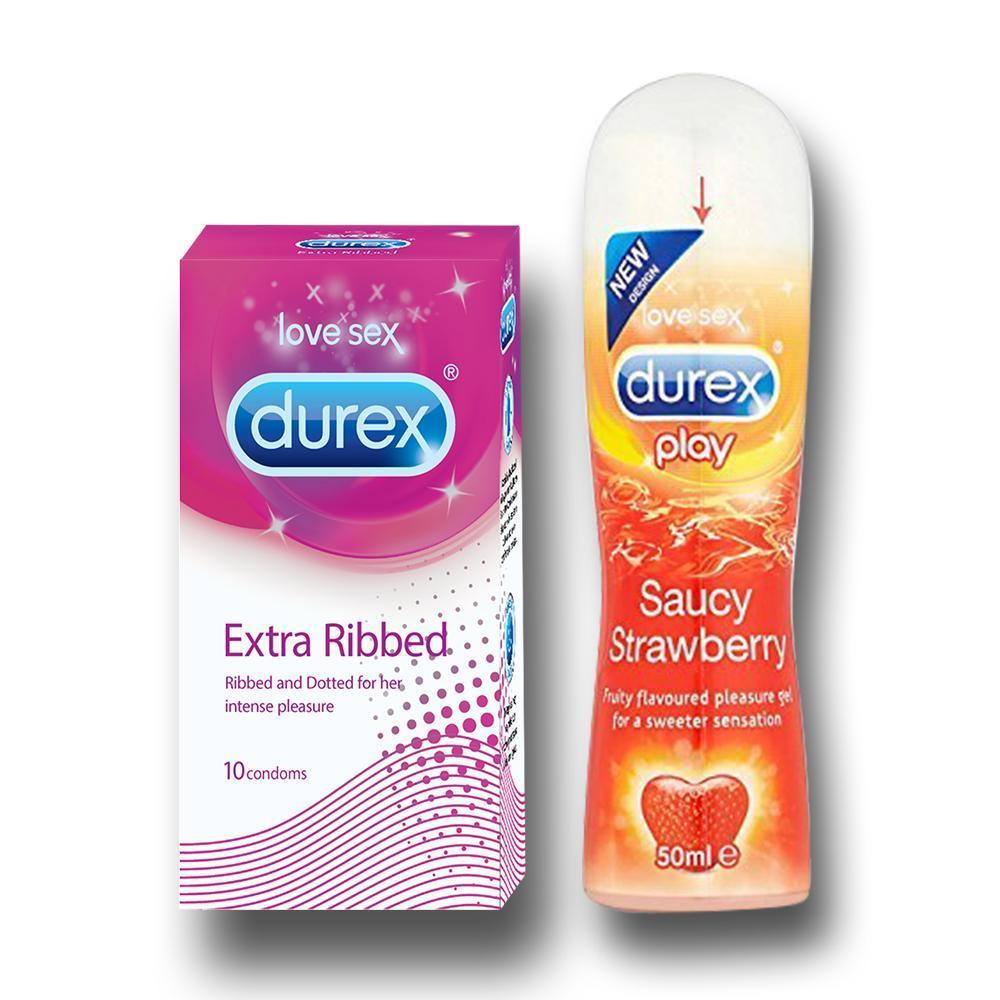 Pleasure Packs (Durex Strawberry 50ml, Extra Ribbed 10 Units)
