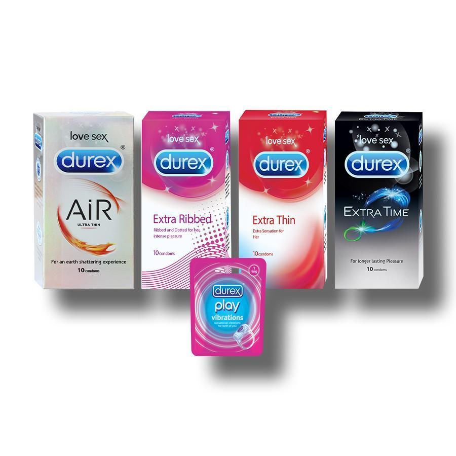 Durex Intense Play Combo contains Extra Thin Condoms 10s + Extra Time Condoms 10s + Extra Ribbed Condoms 10s + Air Condoms 10s + Play Vibrations Ring