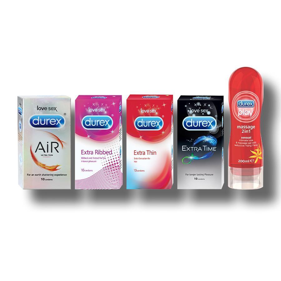 Durex Intense Play Combo contains Extra Thin Condoms 10s + Extra Time Condoms 10s + Extra Ribbed Condoms 10s + Air Condoms 10s + Sensual