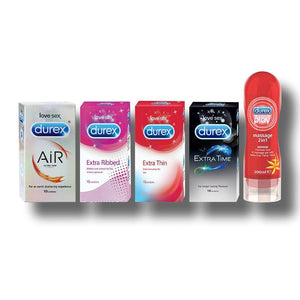 Durex Intense Play Combo contains Extra Thin Condoms 10s + Extra Time Condoms 10s + Extra Ribbed Condoms 10s + Air Condoms 10s + Sensual