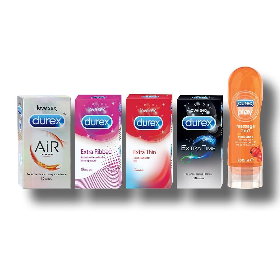 Durex Intense Play Combo contains Extra Thin Condoms 10s + Extra Time Condoms 10s + Extra Ribbed Condoms 10s + Air Condoms 10s + Stimulating