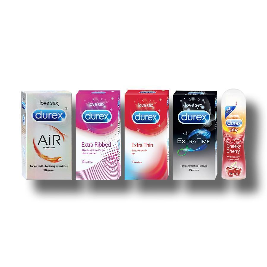 Durex Intense Play Combo contains Extra Thin Condoms 10s + Extra Time Condoms 10s + Extra Ribbed Condoms 10s + Air Condoms 10s + Chekky Cherry