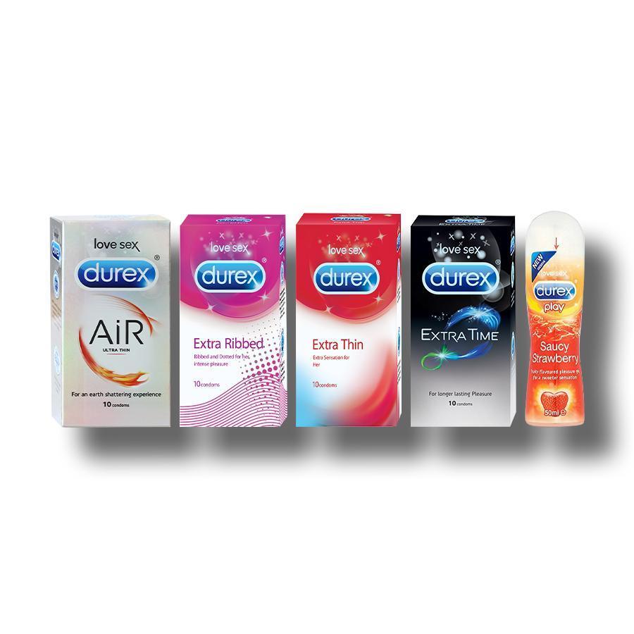 Durex Intense Play Combo contains Extra Thin Condoms 10s + Extra Time Condoms 10s + Extra Ribbed Condoms 10s + Air Condoms 10s + Saucy Strawberry