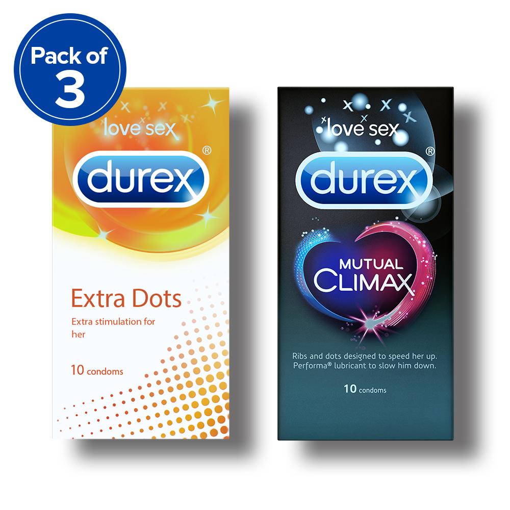 Durex Condoms, Extra Dots- 10 Units (Pack of 3) with Mutual Climax 10s