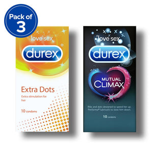 Durex Condoms, Extra Dots- 10 Units (Pack of 3) with Mutual Climax 10s
