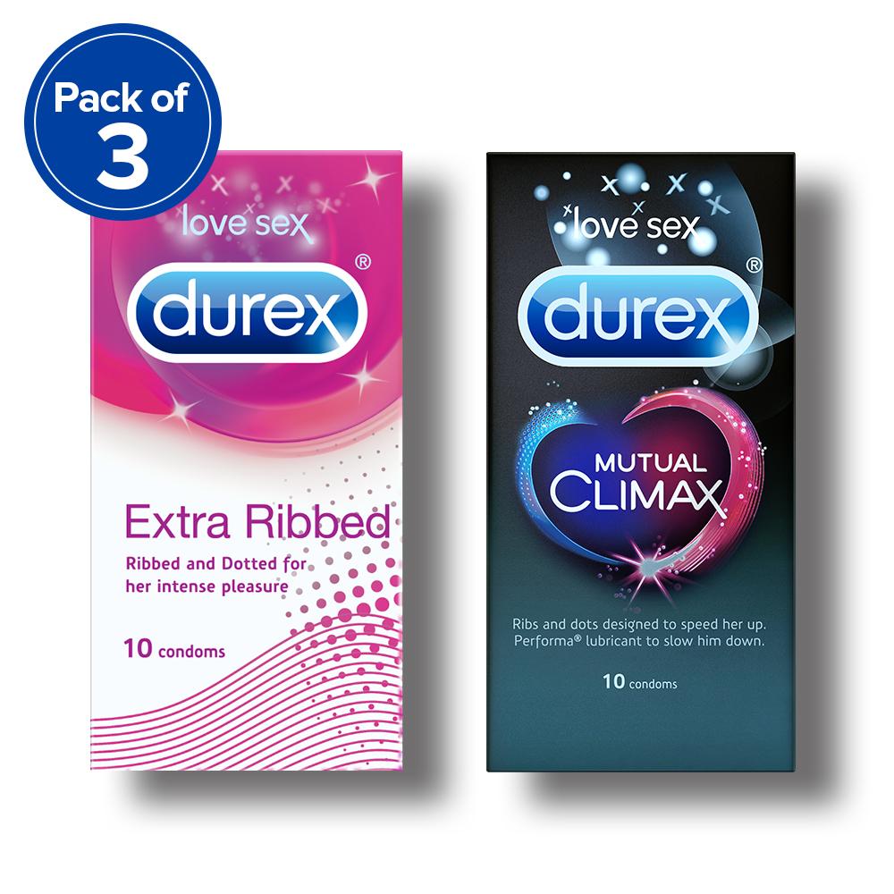 Durex Condoms, Extra Ribbed- 10 Units (Pack of 3) with Mutual Climax 10s