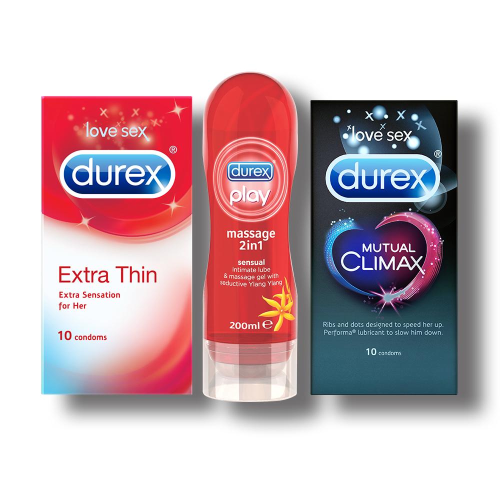 Pleasure Pack (Durex Sensual 200ml, Extra Thin 10 Units) with Mutual Climax 10s