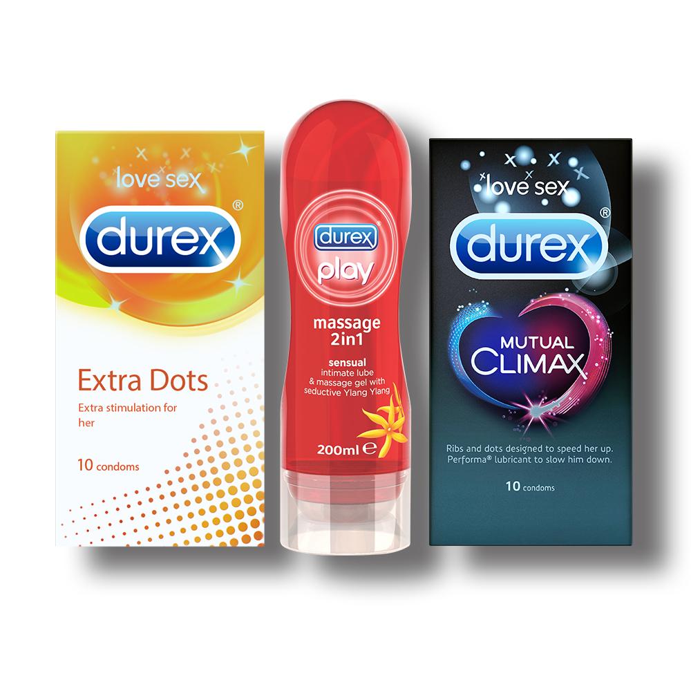 Pleasure Pack (Durex Sensual 200ml, Extra Dots 10 Units) with Mutual Climax 10s