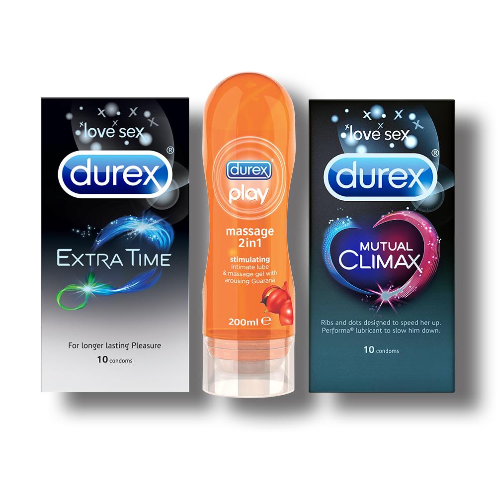 Pleasure Packs (Durex Stimulating 200ml, Extra Time 10 Units) with Mutual Climax 10s