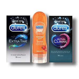 Pleasure Packs (Durex Stimulating 200ml, Extra Time 10 Units) with Mutual Climax 10s