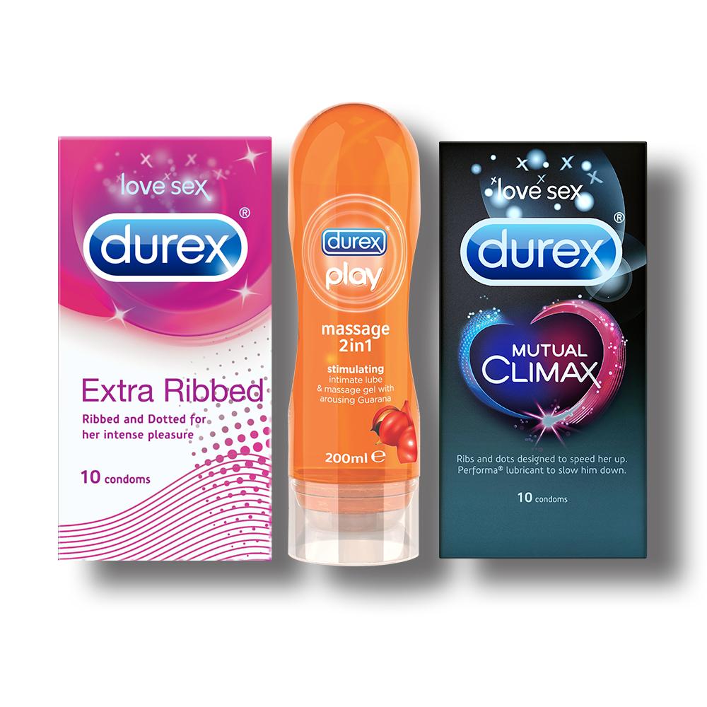 Pleasure Pack (Durex Sensual 200ml, Extra Ribbed 10 Units) with Mutual Climax 10s